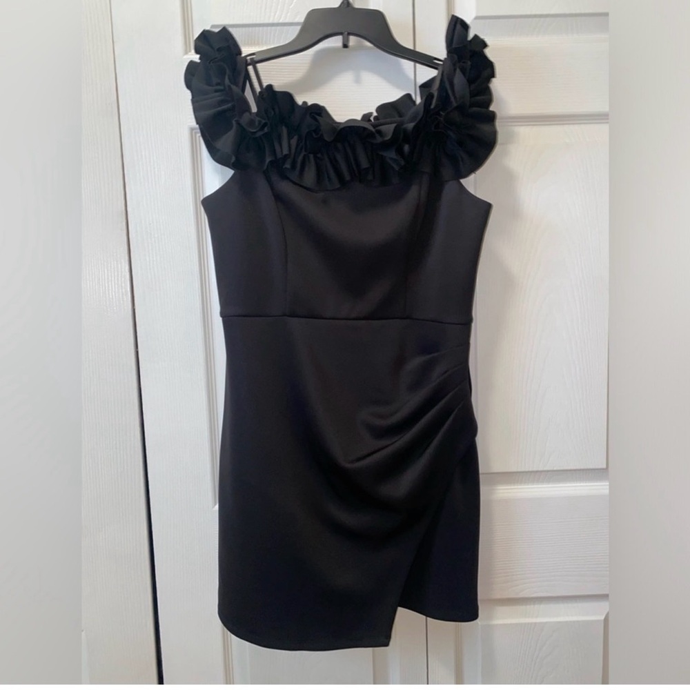 Chic Black Ruffled Off-Shoulder Mini Dress - Picture 3 of 3